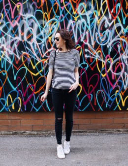 striped shirt and black skinny jeans